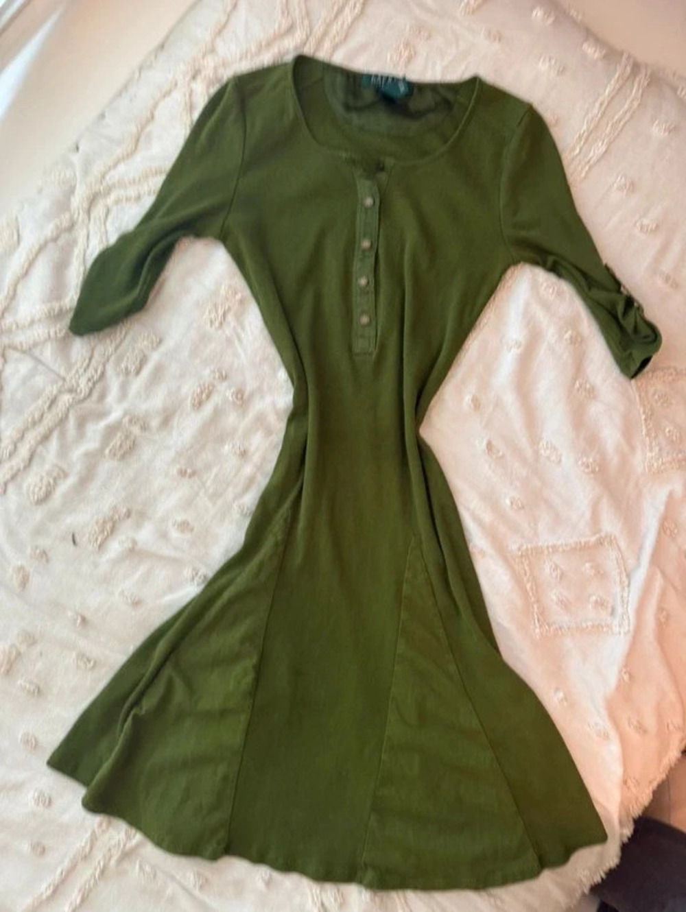 Lauren Ralph Lauren Olive Green Ribbed Cotton Henley Midi Dress Petite XS